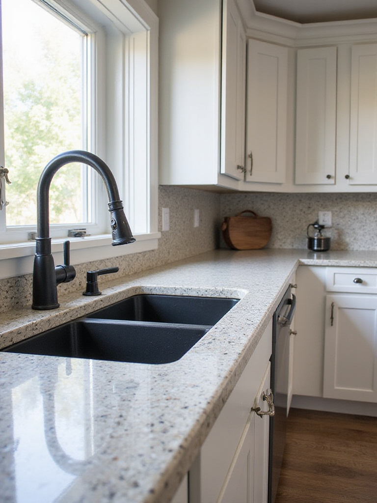 Comparison of a dark solid and a light patterned kitchen countertop, illustrating how color and pattern affect the visibility of stains and maintenance needs.