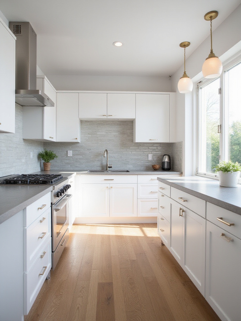 Modern kitchen with medium gray quartz countertops, white cabinets, light gray subway tile backsplash, and warm wood flooring.
