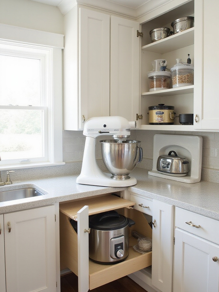 Organized kitchen cabinets and counter showing various storage solutions for small appliances like a stand mixer on a pull-out shelf and other appliances neatly stored on shelves and in an appliance garage.