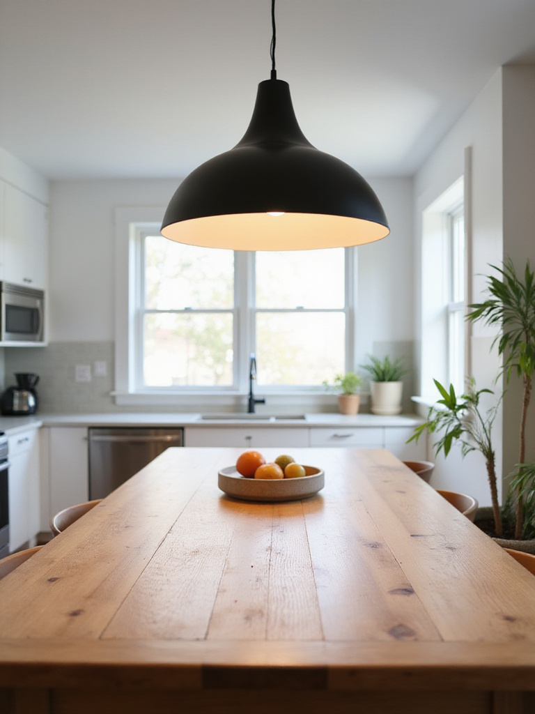 Pendant light hanging at the correct height over a kitchen table.