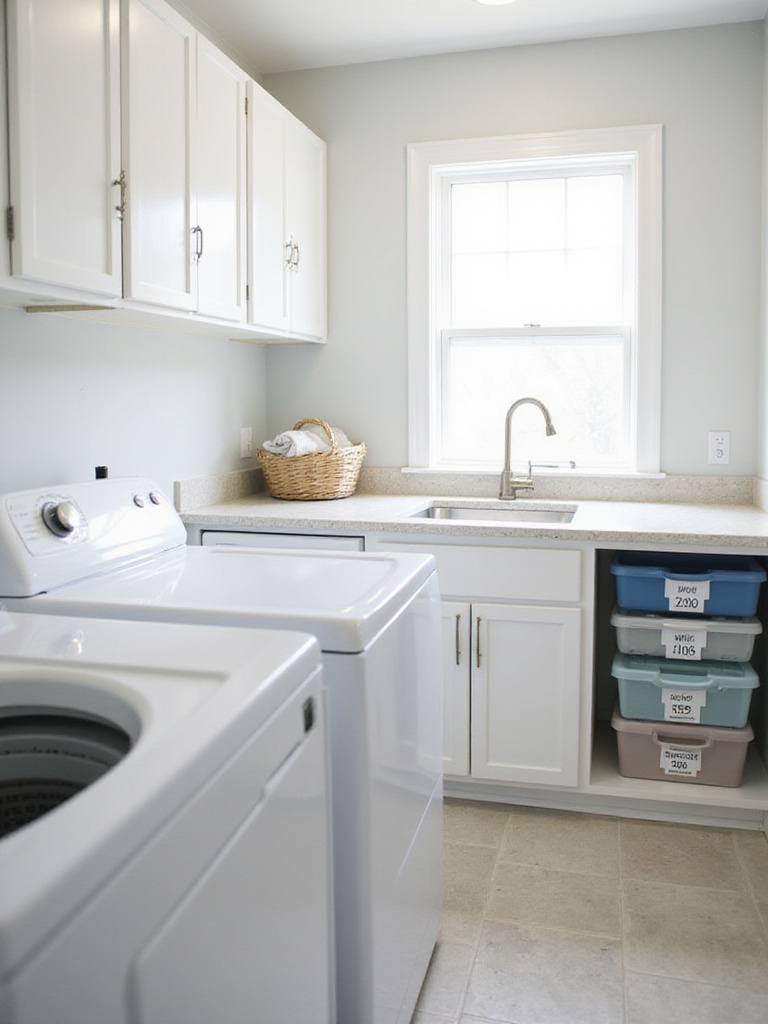 An organized laundry room with a dedicated folding station and labeled baskets for sorting clean laundry, illustrating an efficient system for handling finished loads.