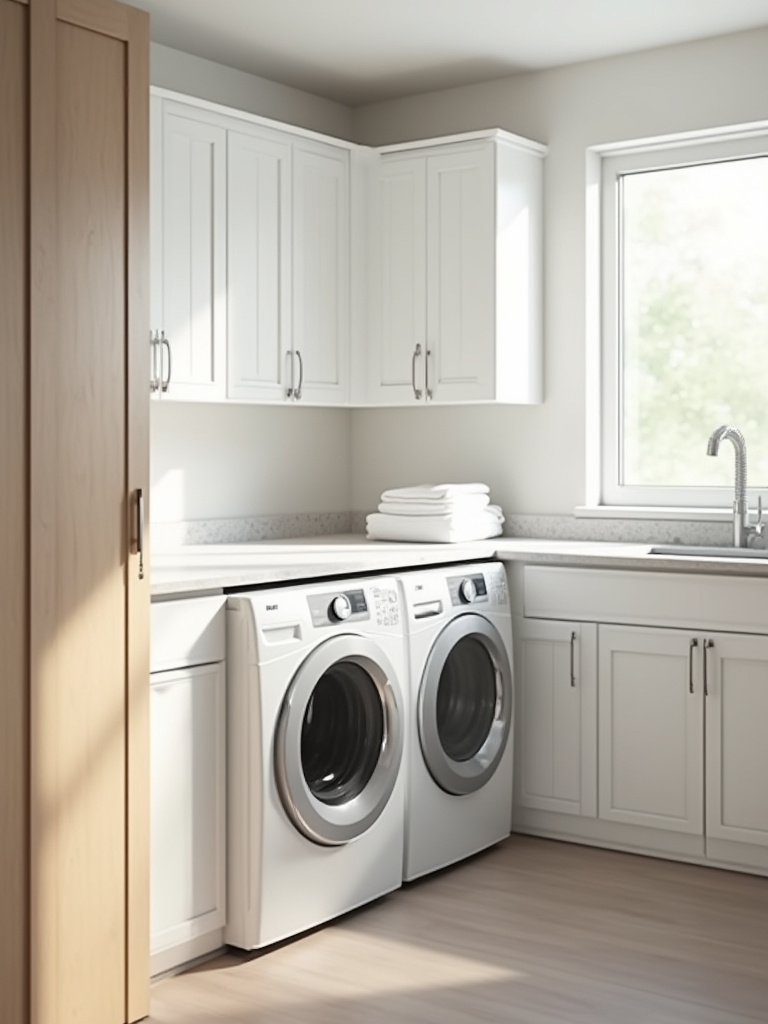 Modern laundry room with a wooden countertop installed over a front-loading washer and dryer, serving as a dedicated folding surface.