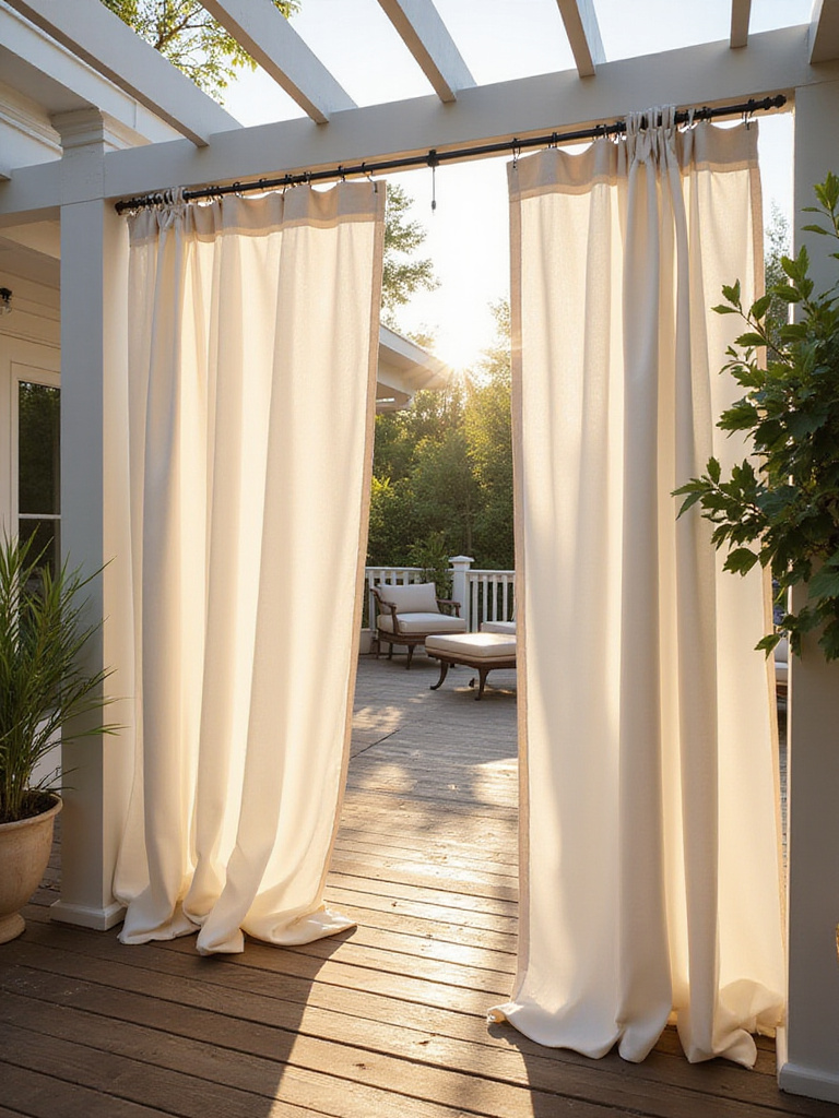 Elegant white outdoor curtains hanging from a pergola over a stylish wooden deck, providing shade and privacy to the outdoor living space.
