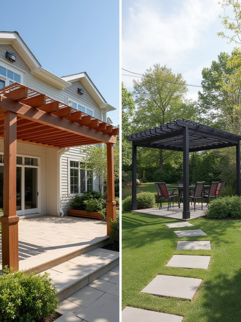 Split image showing an attached pergola on the left and a freestanding pergola in a garden on the right.