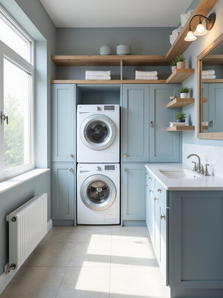 Modern laundry bathroom combination room featuring a stacked washer dryer, stylish vanity, tiled floor, and decorative storage, illustrating a balance of aesthetics and function.