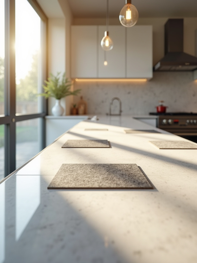 Kitchen countertop samples in various colors placed on an existing counter, viewed under a combination of natural daylight from a window and warm artificial kitchen lighting, next to cabinets and backsplash.