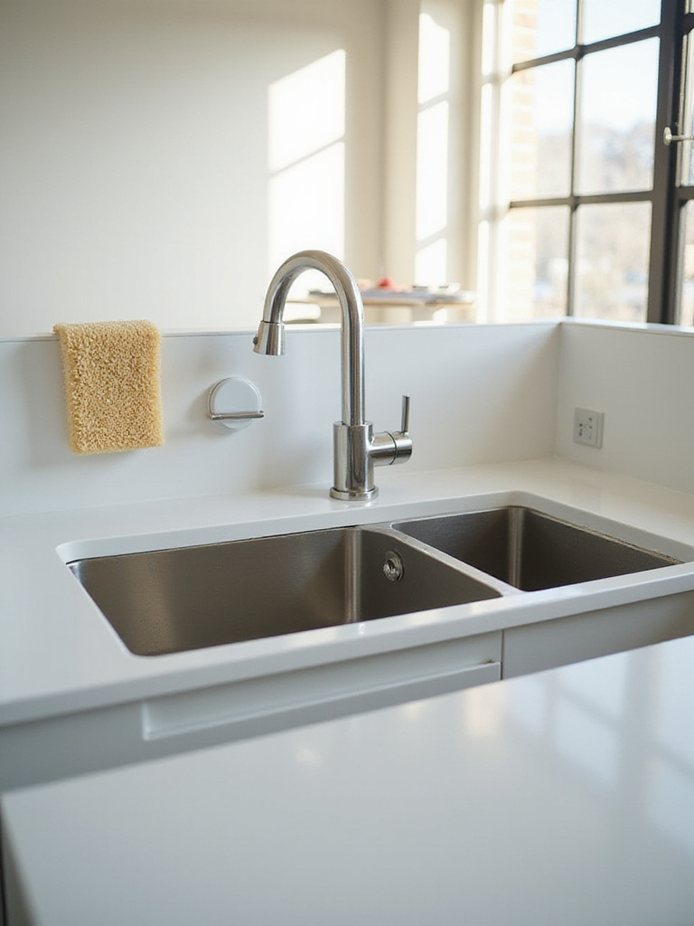 A modern kitchen sink with a sponge holder attached to the side, showing a clean, organized space.