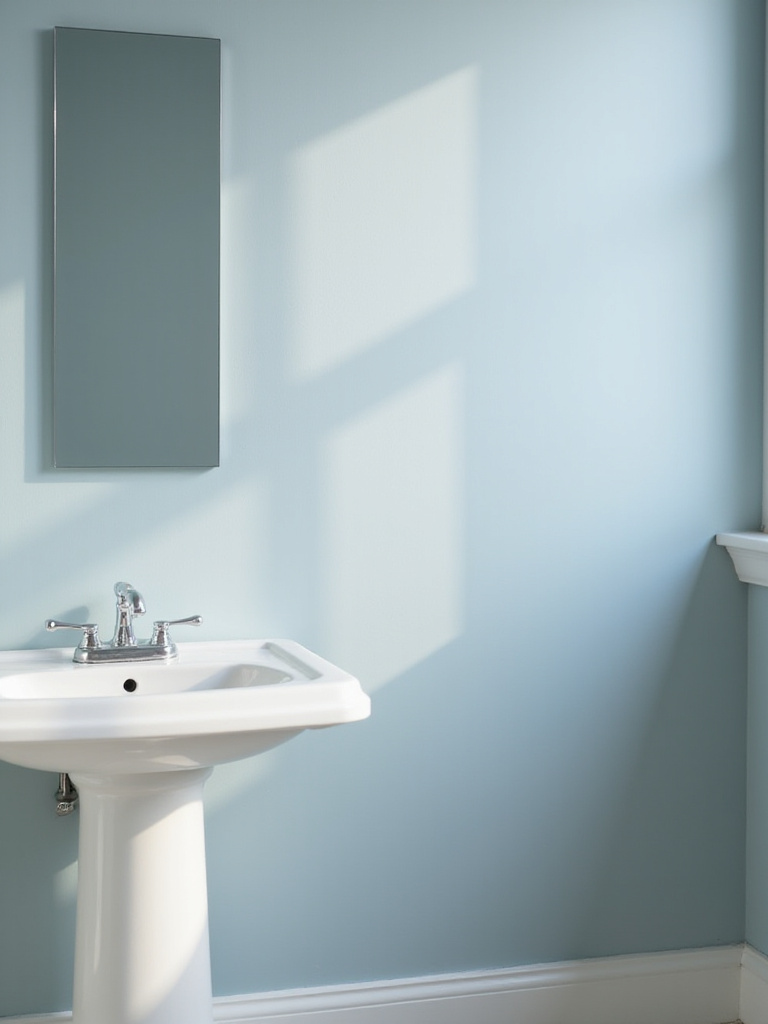 Budget bathroom with walls painted a fresh, light blue color, featuring a white pedestal sink and mirror.