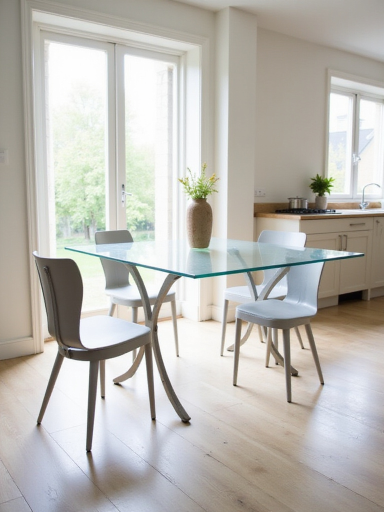A modern kitchen table with a clear glass tabletop in a bright, airy dining space. The table has a minimalist base and is surrounded by modern chairs, showcasing the transparency of the glass which enhances the feeling of openness in the room.