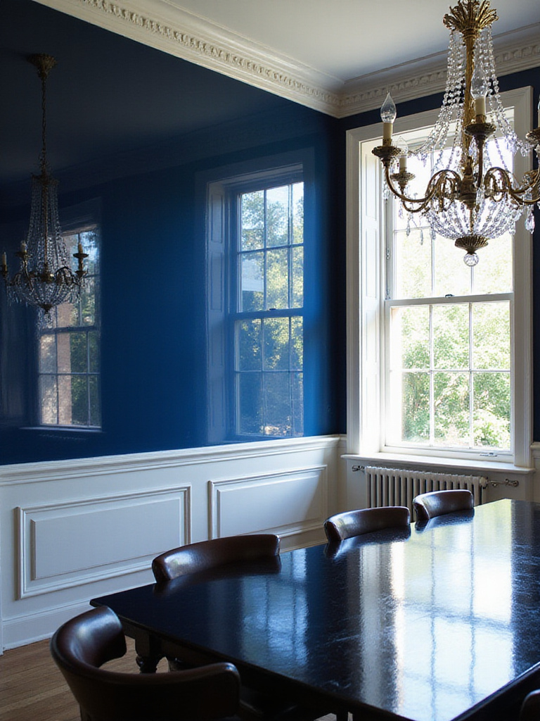 Glamorous dining room with a high-gloss navy blue accent wall dramatically reflecting light from a chandelier and window, showcasing the luxurious effect of high-shine paint.