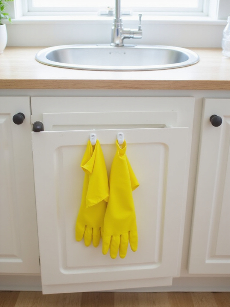 Yellow cleaning gloves neatly hung on hooks inside a kitchen sink cabinet door, illustrating organized storage in a modern kitchen.