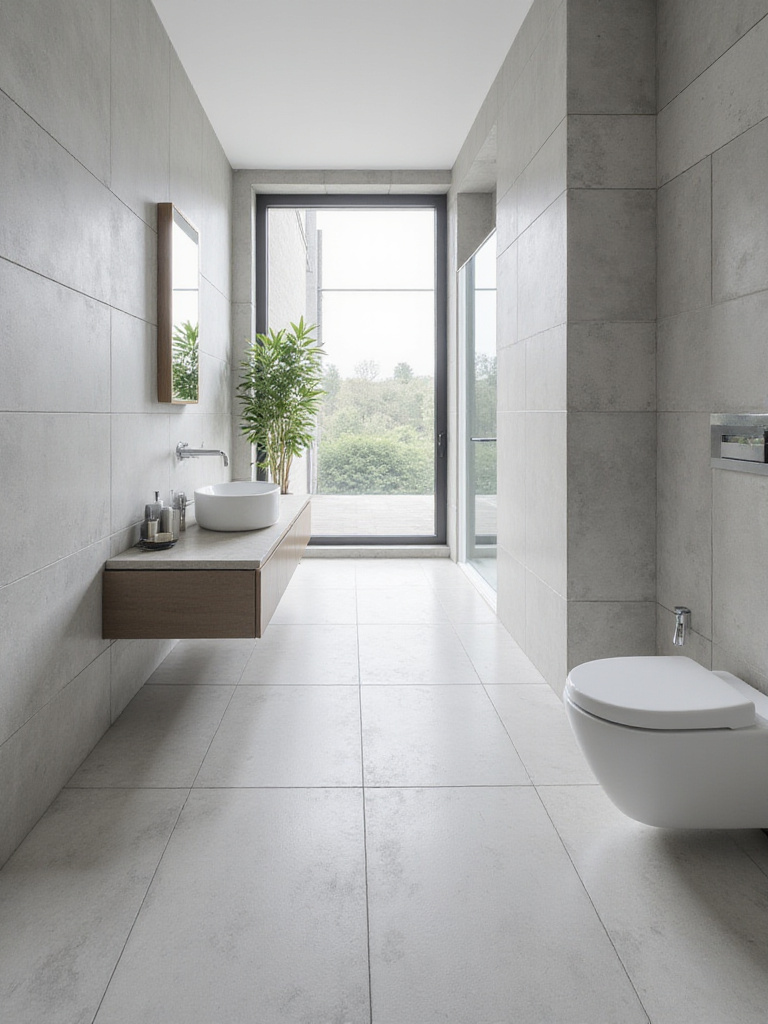 Modern bathroom featuring large format light grey concrete-look tiles on floors and walls, creating a seamless, minimalist design.