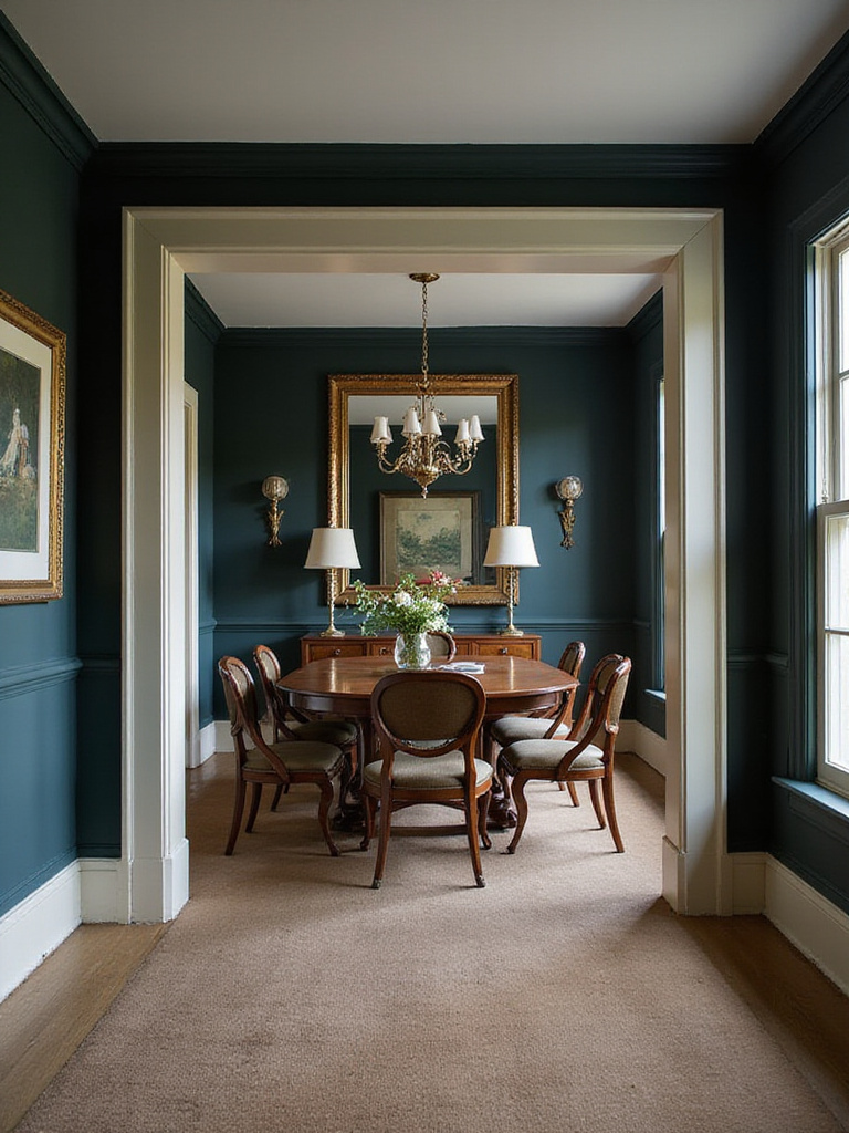 A dramatic dining room with walls painted in a bold, deep color, featuring a dining table, chairs, and lighting. The room is illuminated by warm light.