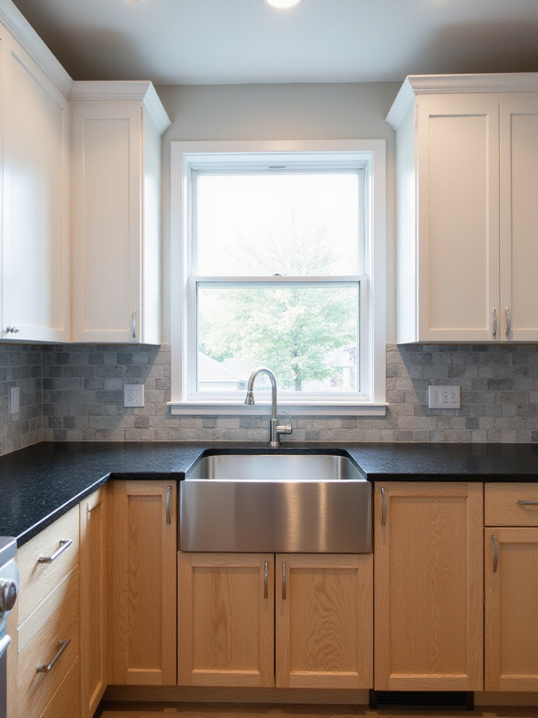 Modern kitchen with sleek black quartz countertops, white and wood cabinets, and a geometric tile backsplash.