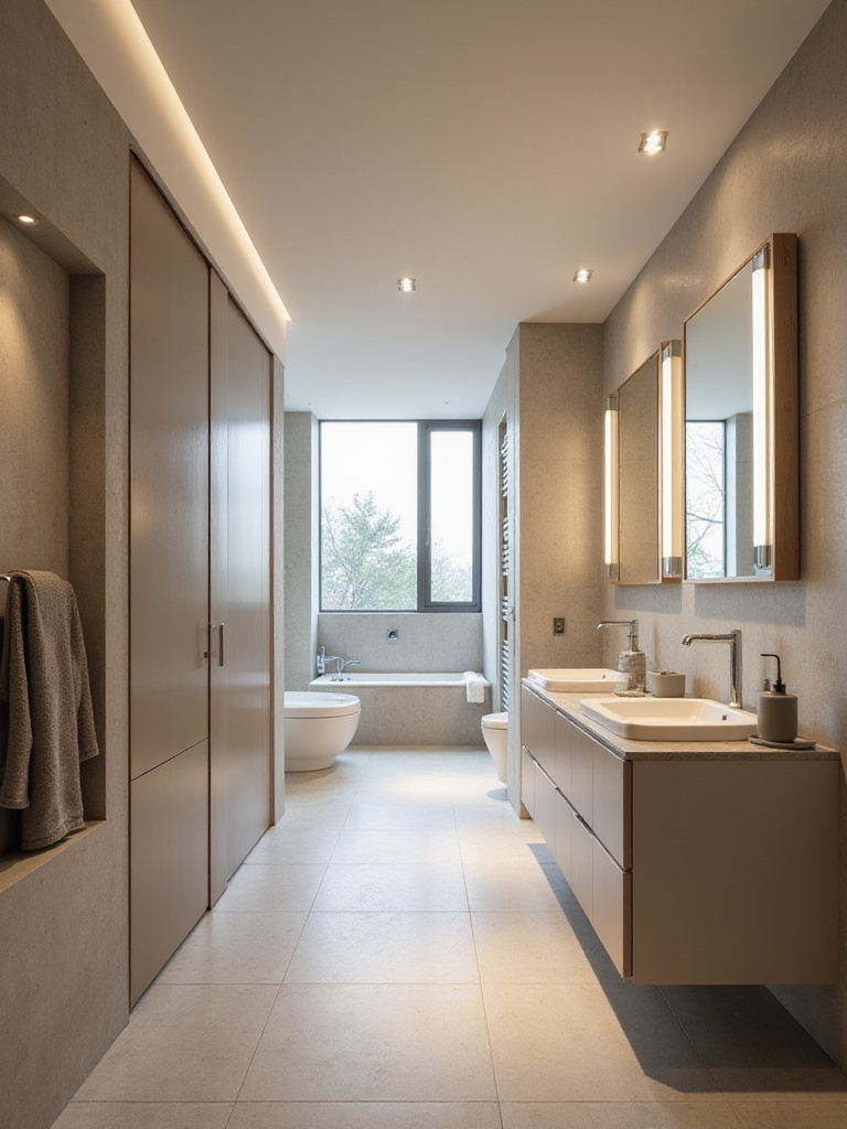 Modern bathroom featuring energy-efficient LED vanity lights and recessed ceiling lights, providing bright, even illumination.