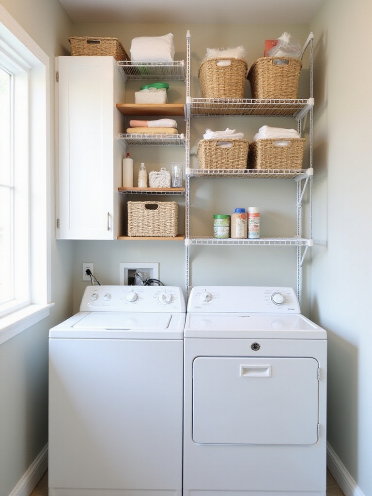Laundry room with vertical shelving above washer and dryer, showing organized storage solutions.