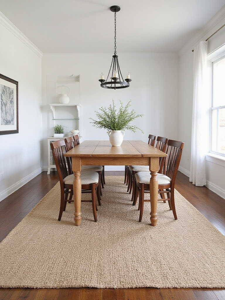 A cozy, low-pile natural fiber area rug (jute or sisal) grounding a farmhouse dining room, sized appropriately for the table and chairs.