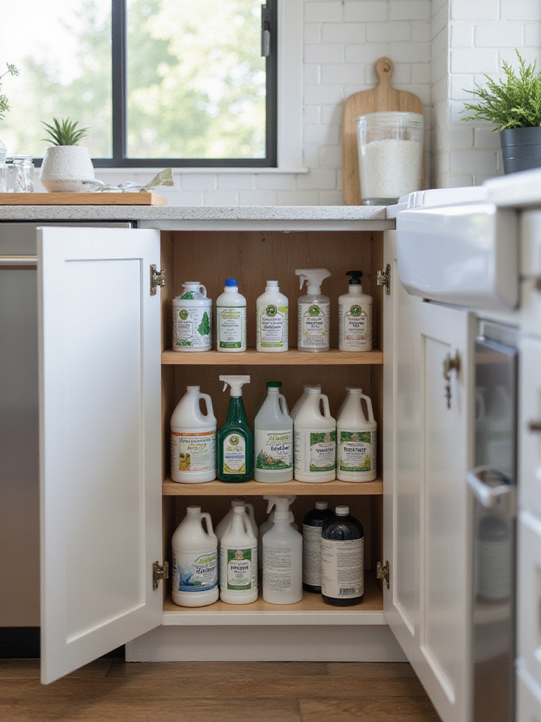 Organized under-sink cabinet with cleaning supplies in labeled containers