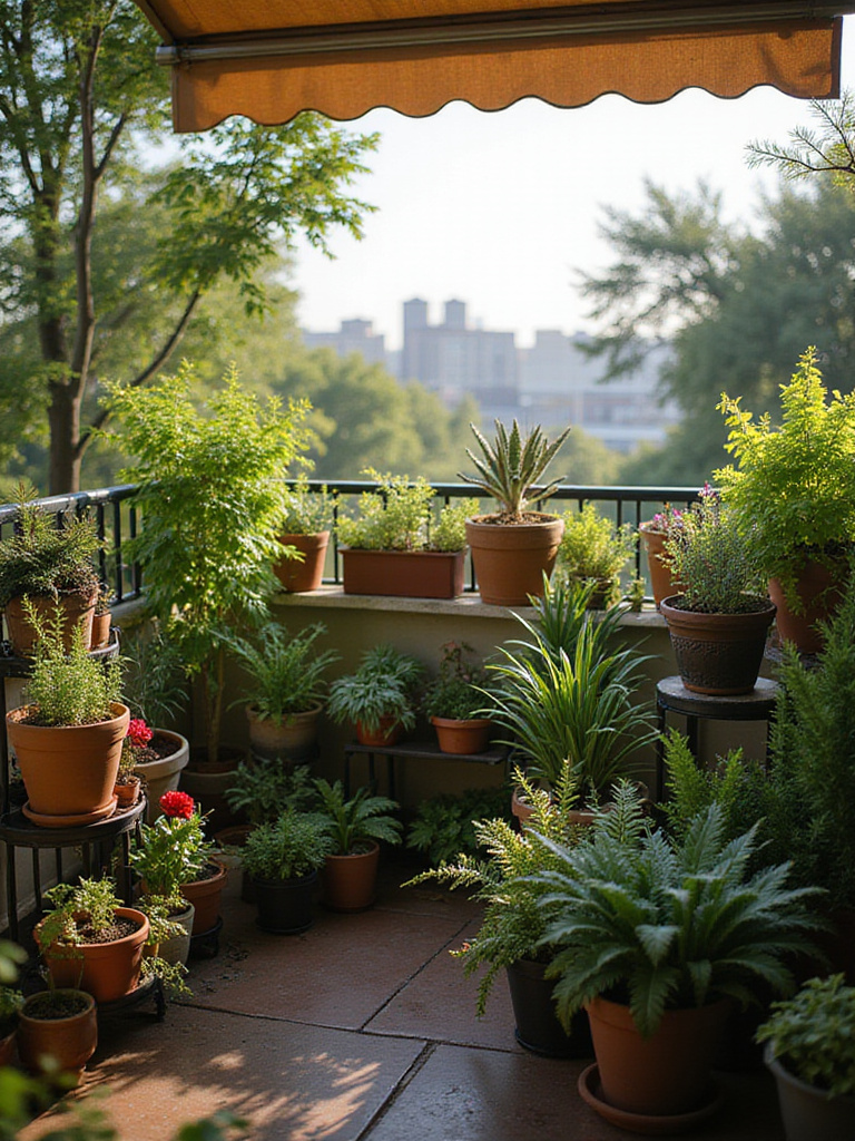 Balcony garden with plants grouped by sunlight and water needs