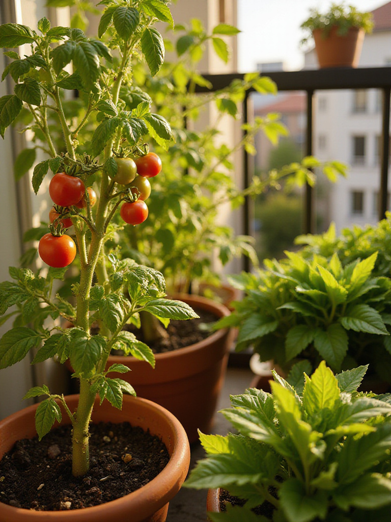 Thriving balcony garden filled with edible herbs and vegetables.