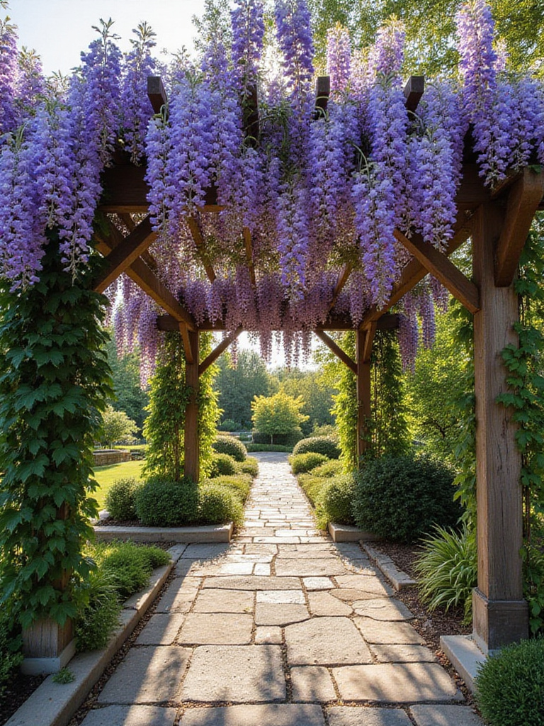 A wooden pergola adorned with abundant flowering wisteria vines, creating a lush, natural canopy.
