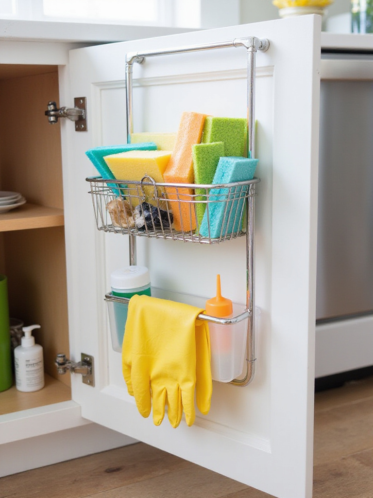Kitchen cabinet door with wire basket and plastic caddy organizers holding sponges, brushes, gloves, and cleaning spray under the sink.
