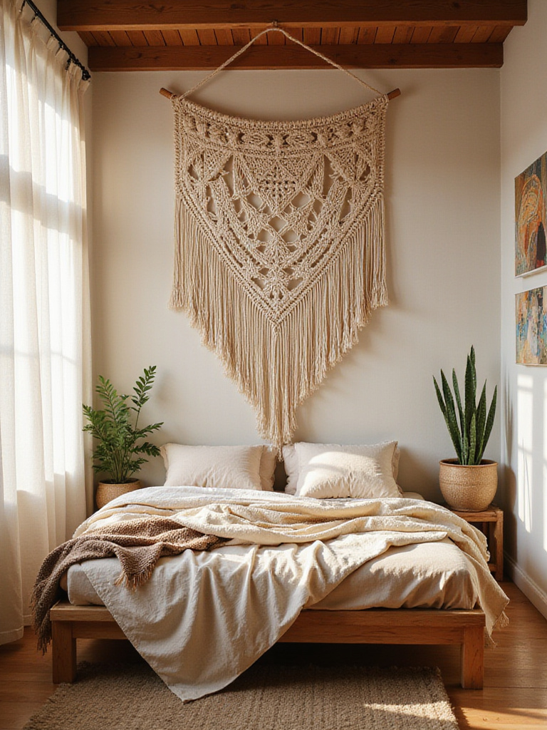 Boho bedroom with large macrame wall art above the bed