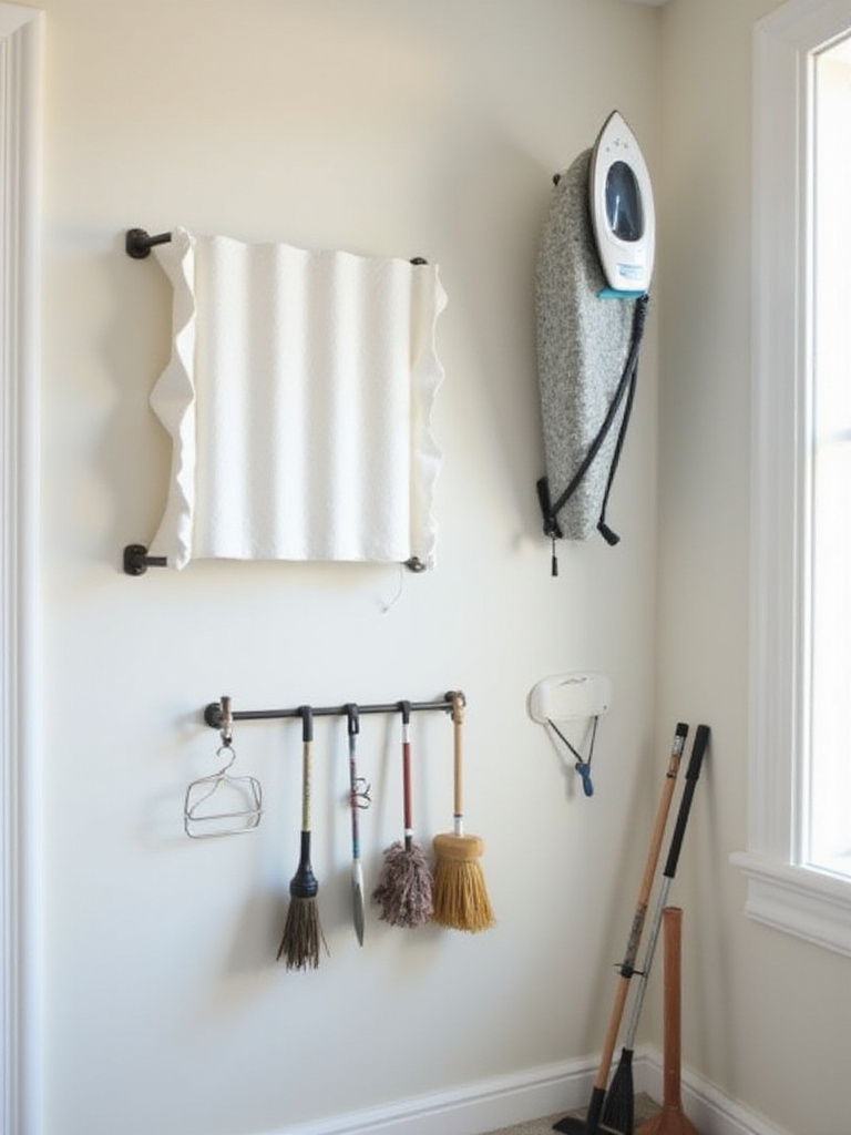 An organized laundry room wall featuring various wall-mounted storage solutions, including a folded drying rack, an ironing board holder, and hooks for utility items.