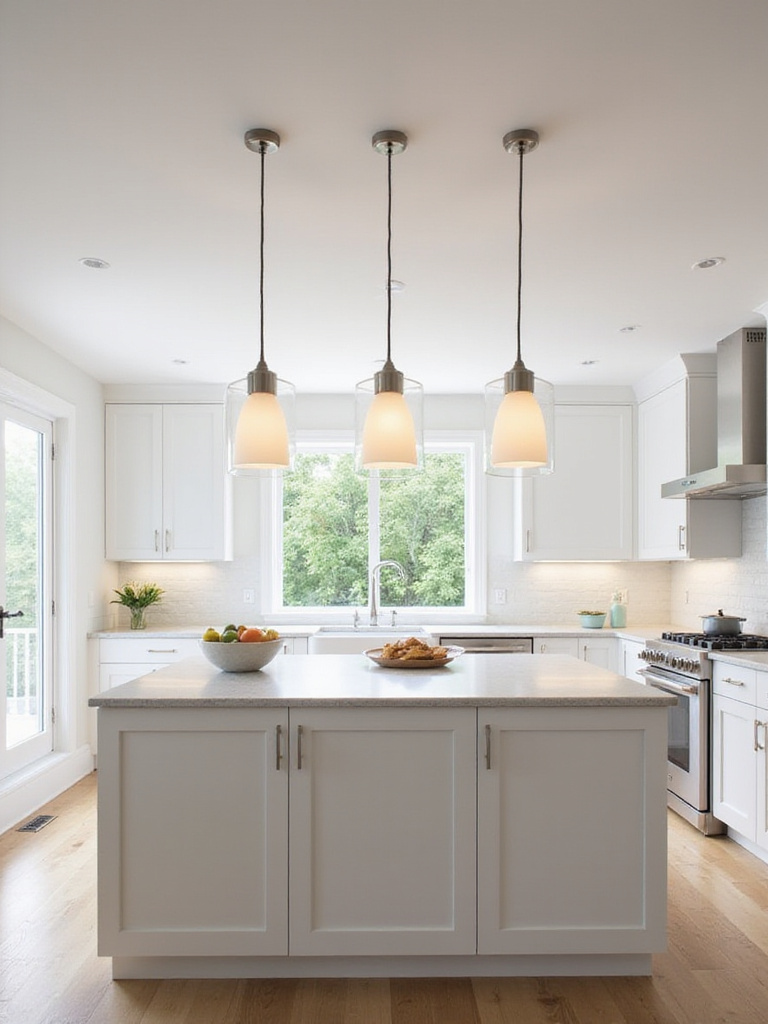 Stylish pendant lighting above kitchen island in modern kitchen