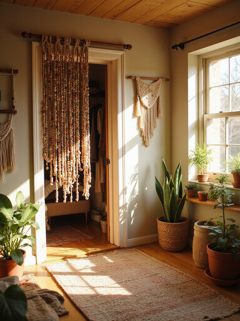 Boho bedroom with beaded curtain hanging in doorway.