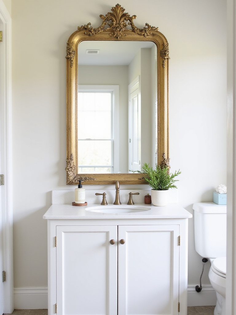 A large, ornate gold-framed mirror hangs above a white bathroom vanity, reflecting light and making the space appear larger.