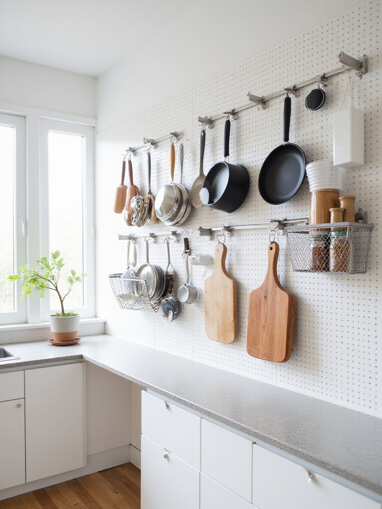 Kitchen wall featuring an organized white pegboard system storing pots, pans, utensils, and cutting boards, showcasing effective vertical kitchen organization.