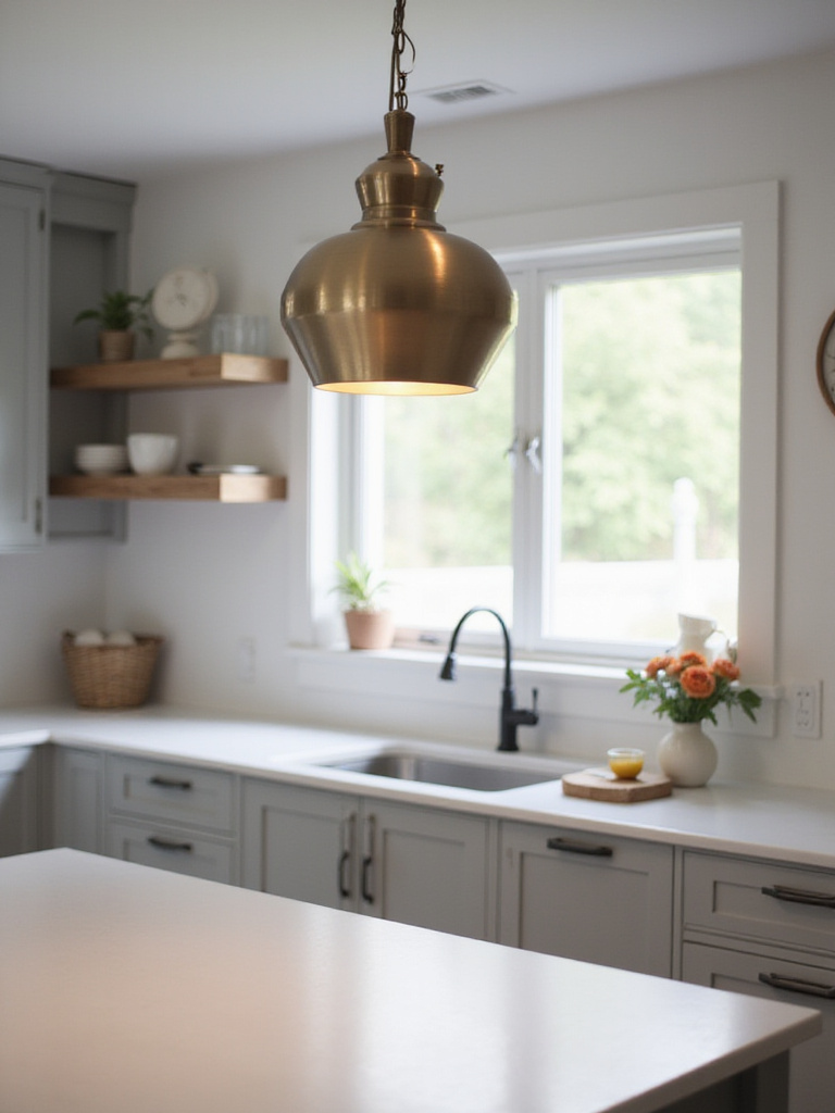 Modern kitchen with geometric pendant light above dining table