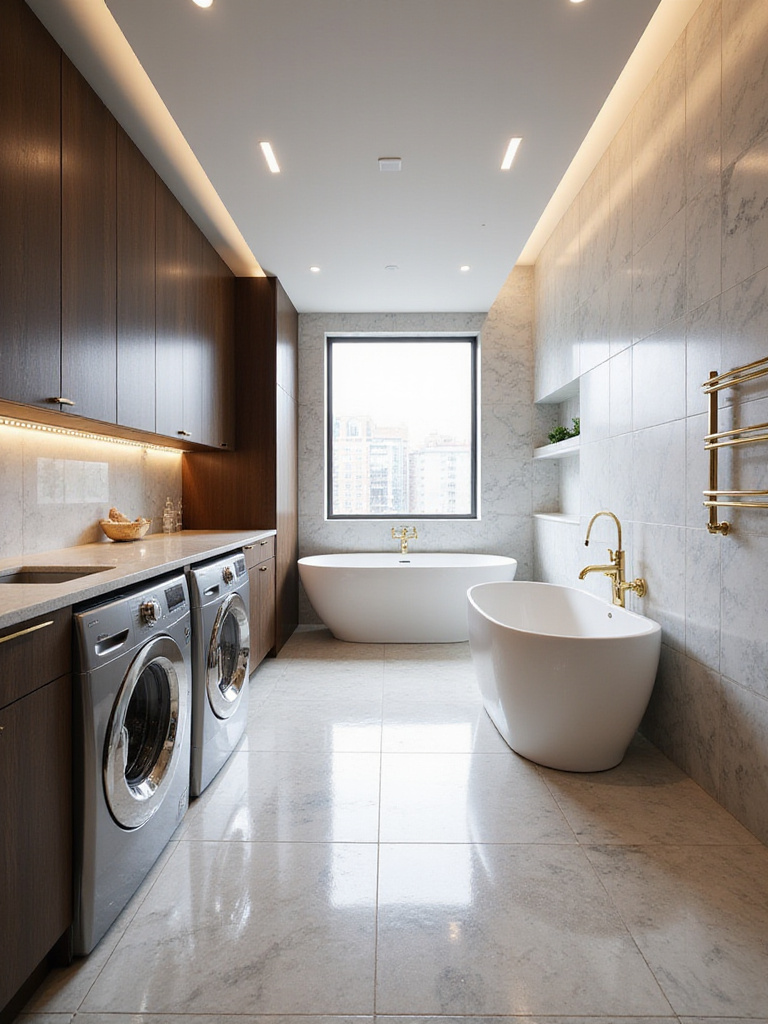 Luxurious laundry bathroom featuring marble-look tiles, custom dark wood cabinetry concealing appliances, quartz countertops, a freestanding tub, and a heated towel rail.
