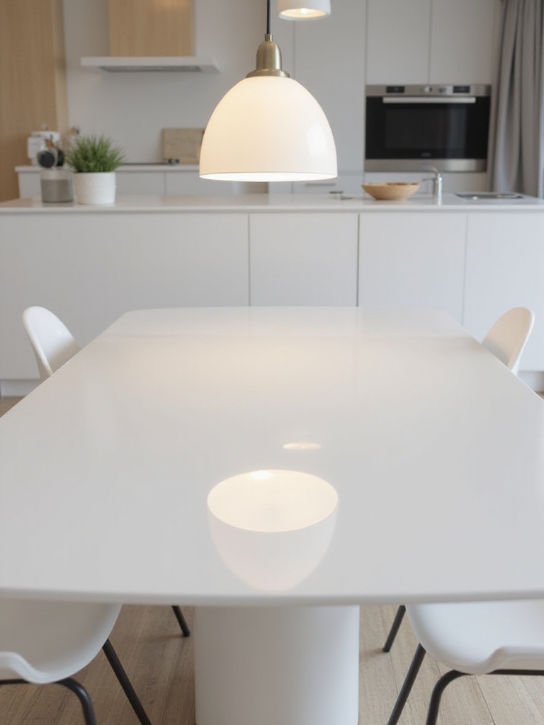 Modern kitchen featuring a highly reflective white high-gloss dining table with minimalist chairs, showcasing the table's shine and light-enhancing quality.