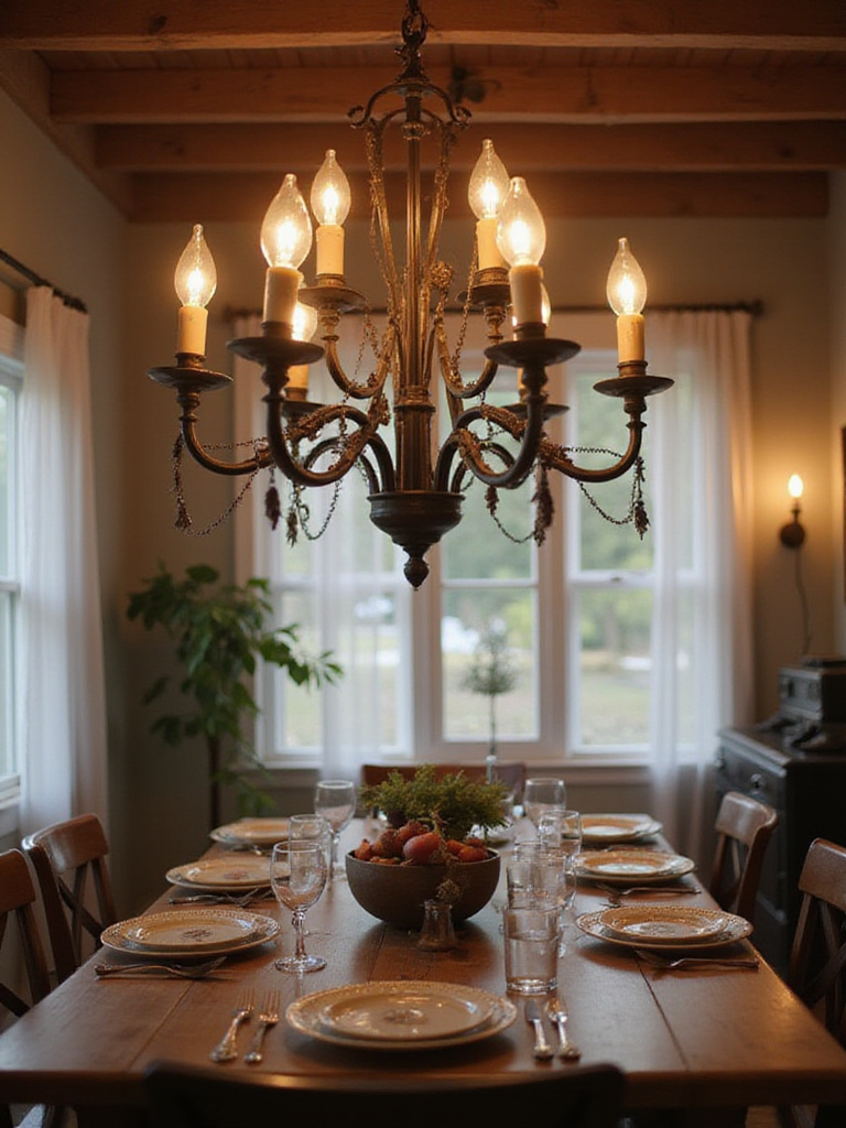A wrought iron chandelier or galvanized metal pendant light illuminating a farmhouse dining table, creating a warm and inviting atmosphere.