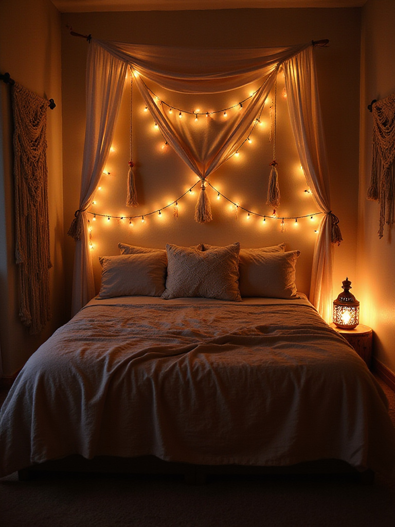 Boho bedroom with fairy lights and Moroccan lantern creating a cozy ambiance