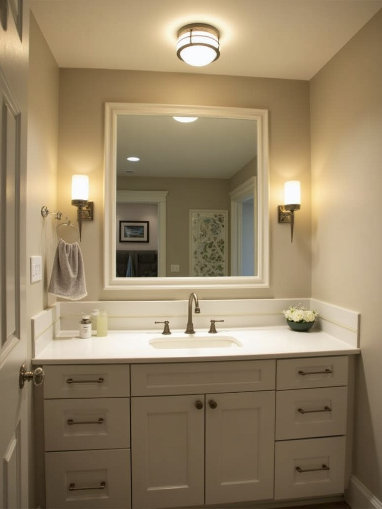 Modern bathroom with layered lighting techniques featuring ambient, task, and accent lights.