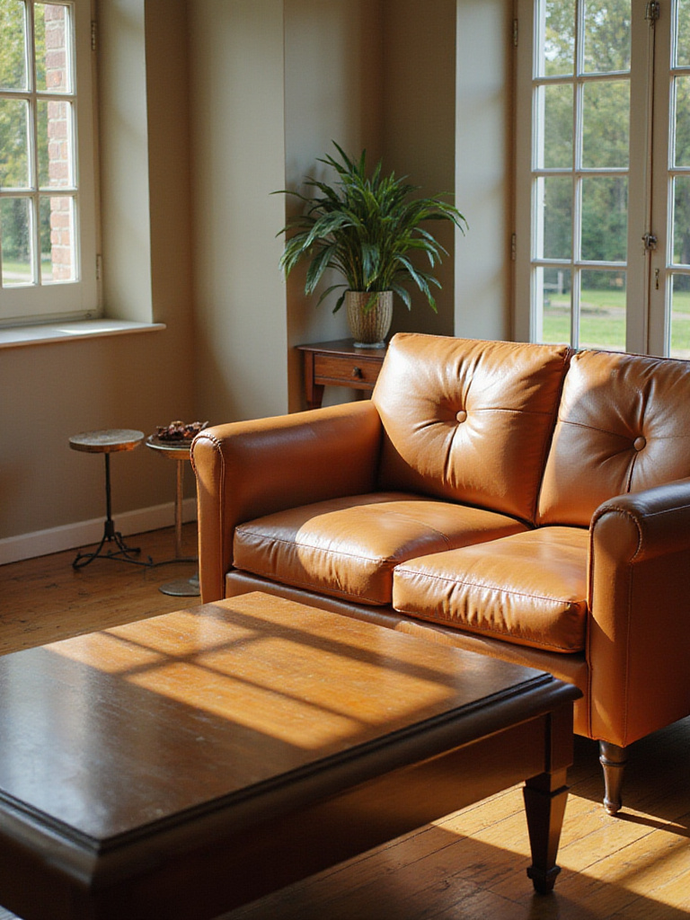 Pristine luxury leather sofa and polished wood table in a sunlit living room, showcasing furniture care for longevity.