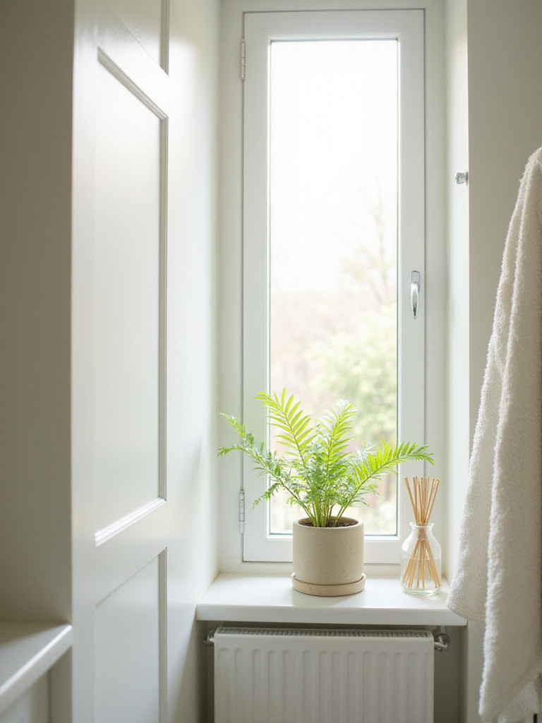 A bright bathroom interior with a partially open window, a plant, and a reed diffuser, illustrating budget-friendly ways to improve airflow and add scent.
