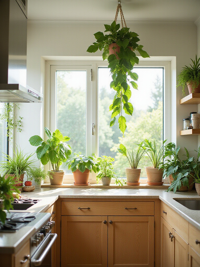 Bright, plant-filled kitchen with natural light emphasizing clean indoor air quality.