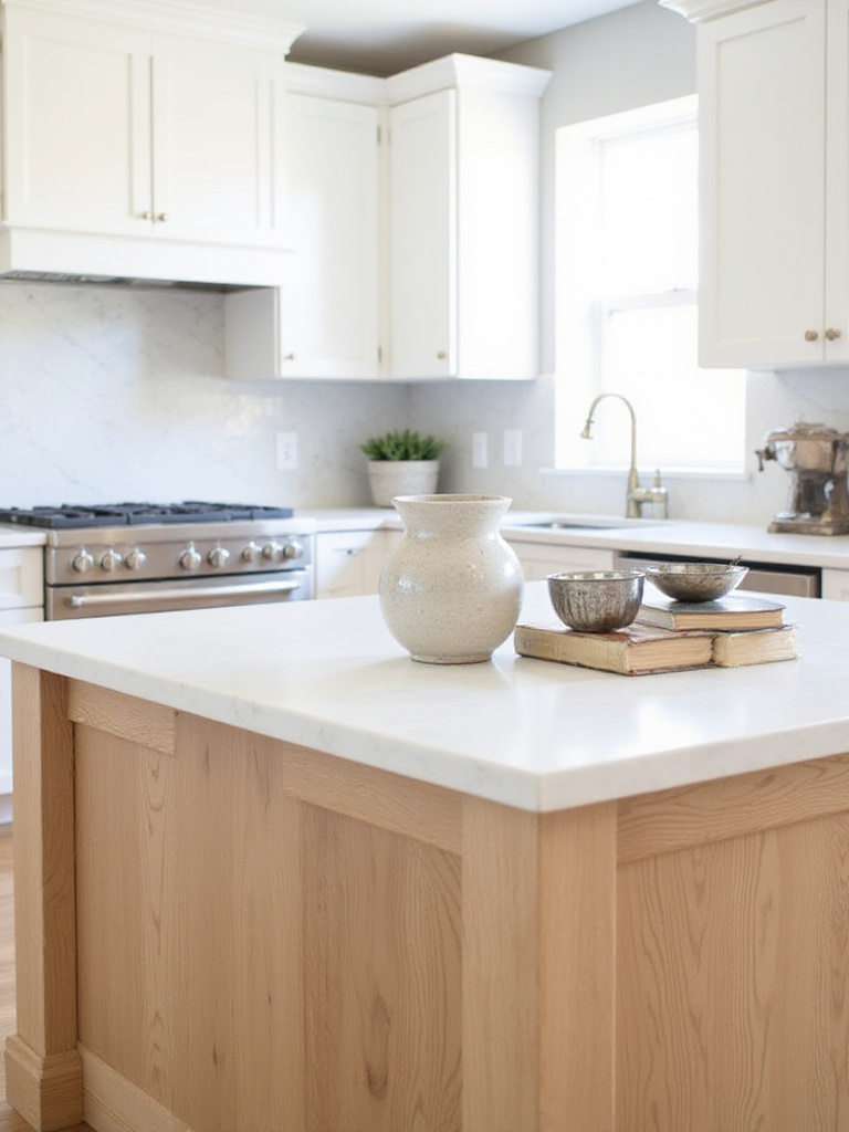 A stylish kitchen island decorated with personal touches, including a ceramic vase, a vintage sugar bowl, and decorative books, adding warmth and character to the space.