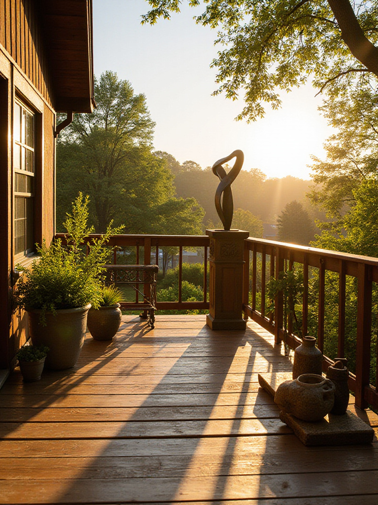 An outdoor deck decorated with a modern metal sculpture on a pedestal and smaller ceramic art pieces on a table, bathed in golden hour light.