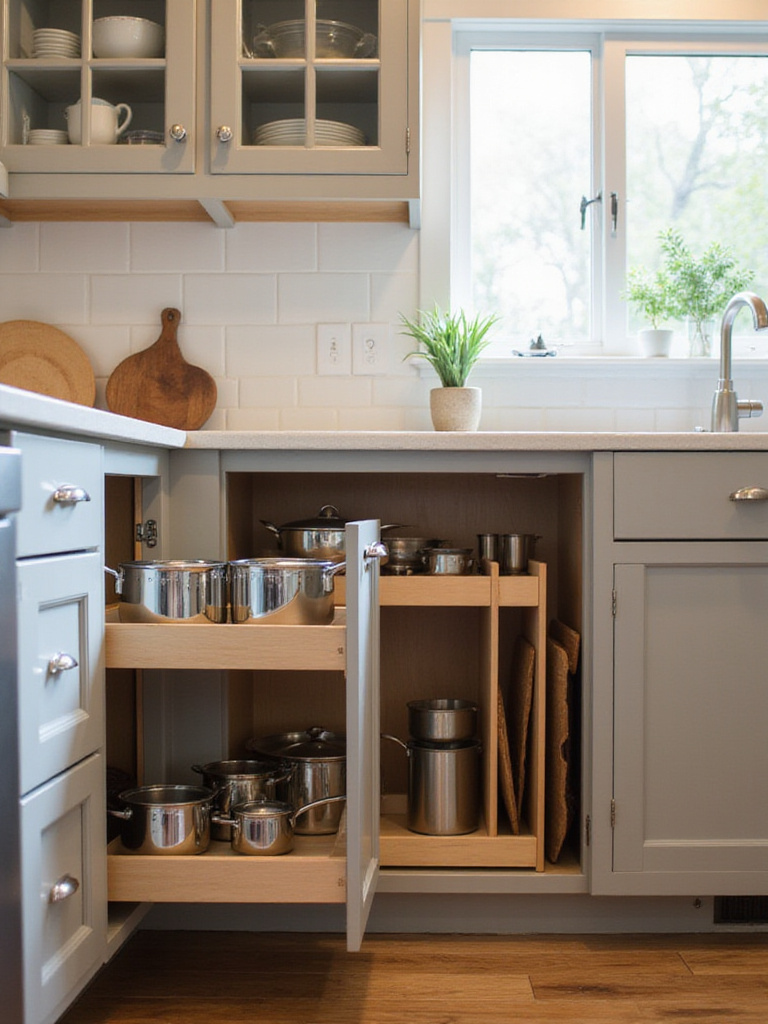 Kitchen cabinet storage solutions: pull-out shelves and vertical dividers.