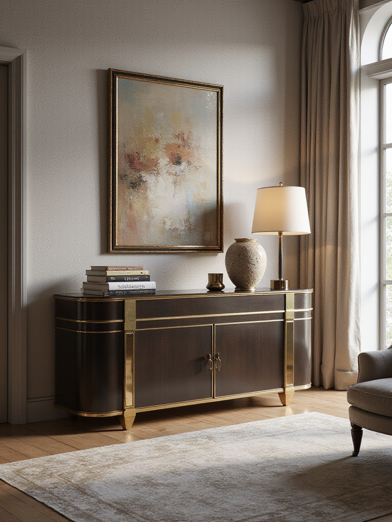 Luxury living room with decorative console cabinet displaying art and decor. High-end furniture and elegant storage.