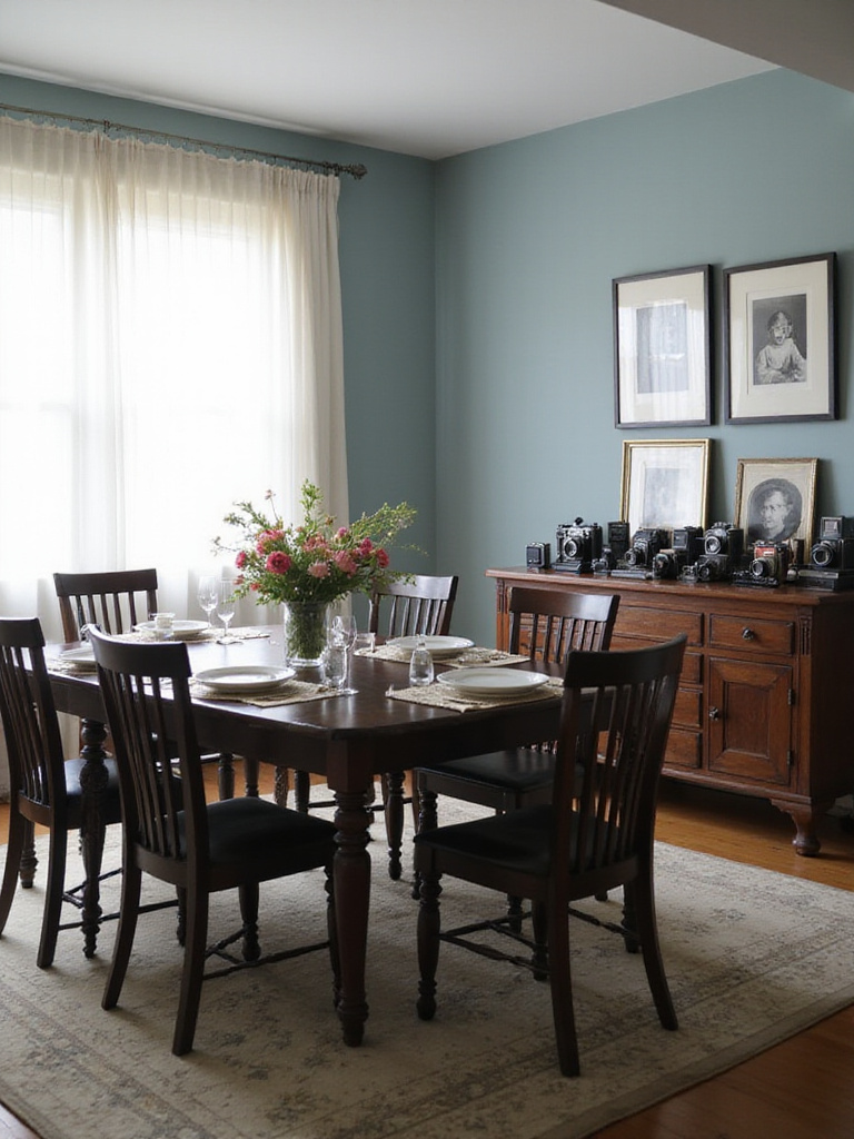 Dining room with personal touches: vintage cameras and family photos on a sideboard.
