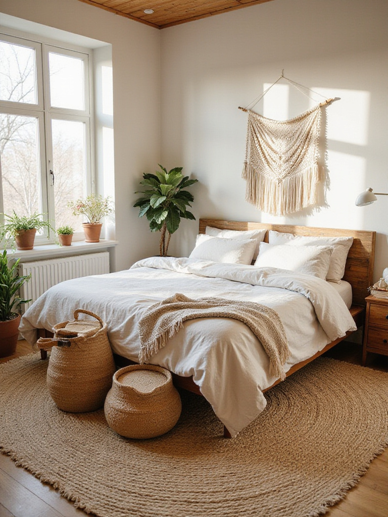Boho bedroom with reclaimed wood headboard, jute rug, and macrame wall hanging.