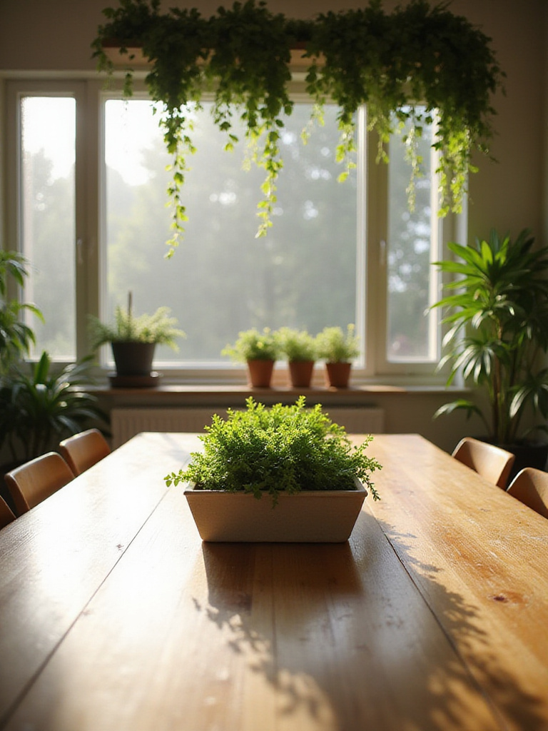 Dining room with natural light and a greenery centerpiece