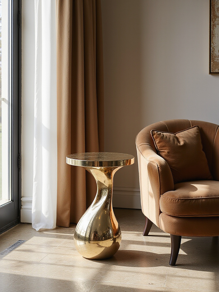 Sculptural polished metal accent table next to luxurious armchair in elegant living room. Luxury furniture style.