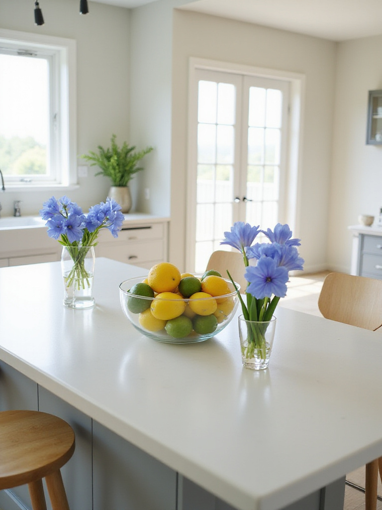 Modern kitchen island decorated for summer with a bowl of lemons and limes and a vase of blue flowers.